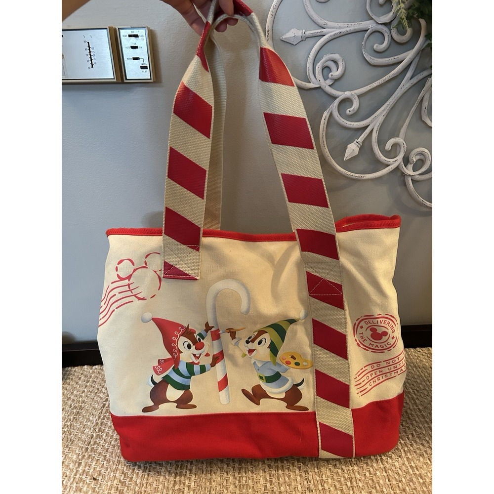 Disney Store 2024 Holiday Chip N Dale Canvas Zipper Tote Bag Festive Animation